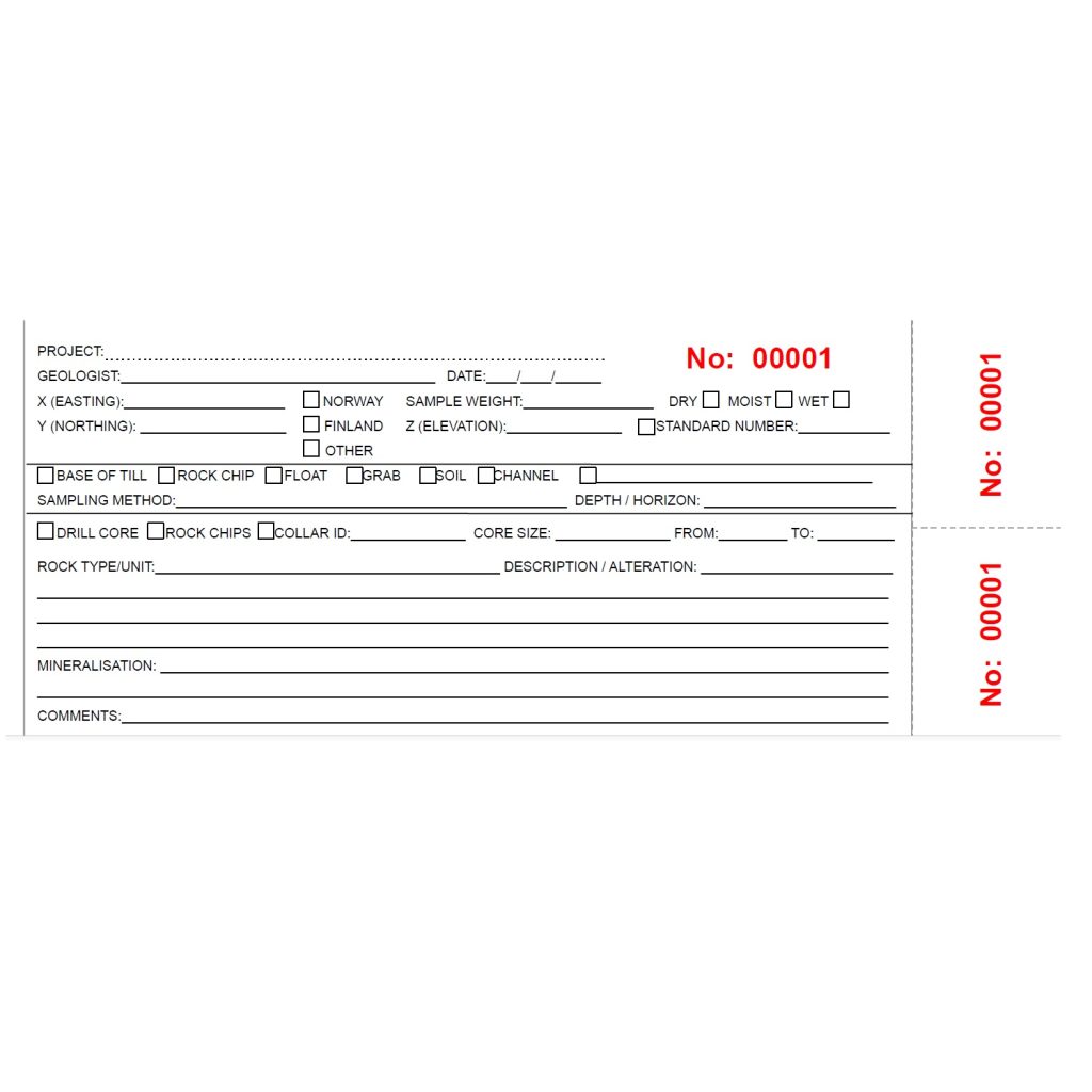 Custom geological sample ticket books layout