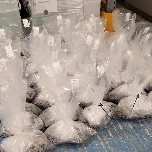 Numerous plastic, geological sampling bags. Full with tungsten ore samples from the Redmoor mineral exploration project, Cornwall. Also including geological sample tickets stapled to the top of each bag.
