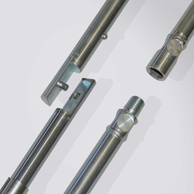 Bayonet and conical screw soil sampling auger connectors. Close up shot.