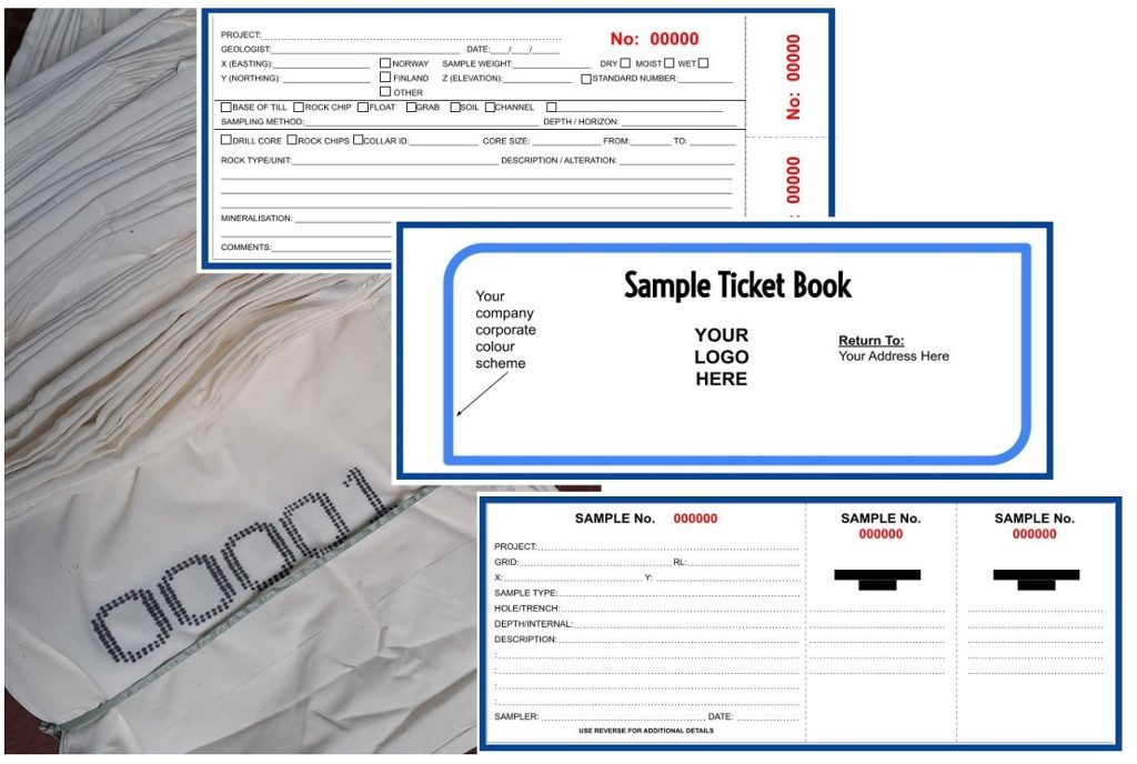An image showing the custom options available for geological sampling bags and ticket books.